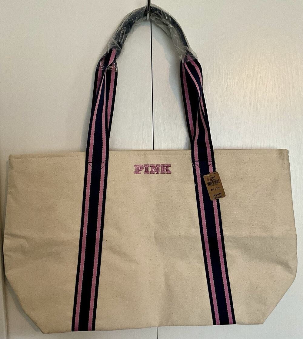 Victoria's Secret Pink Signature Canvas Tote Bag Navy & Pink Strap - NEW W/TAG
